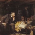A oil painting of a physician with a sick child