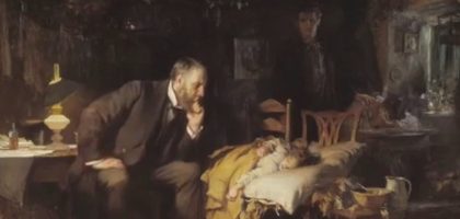 A oil painting of a physician with a sick child
